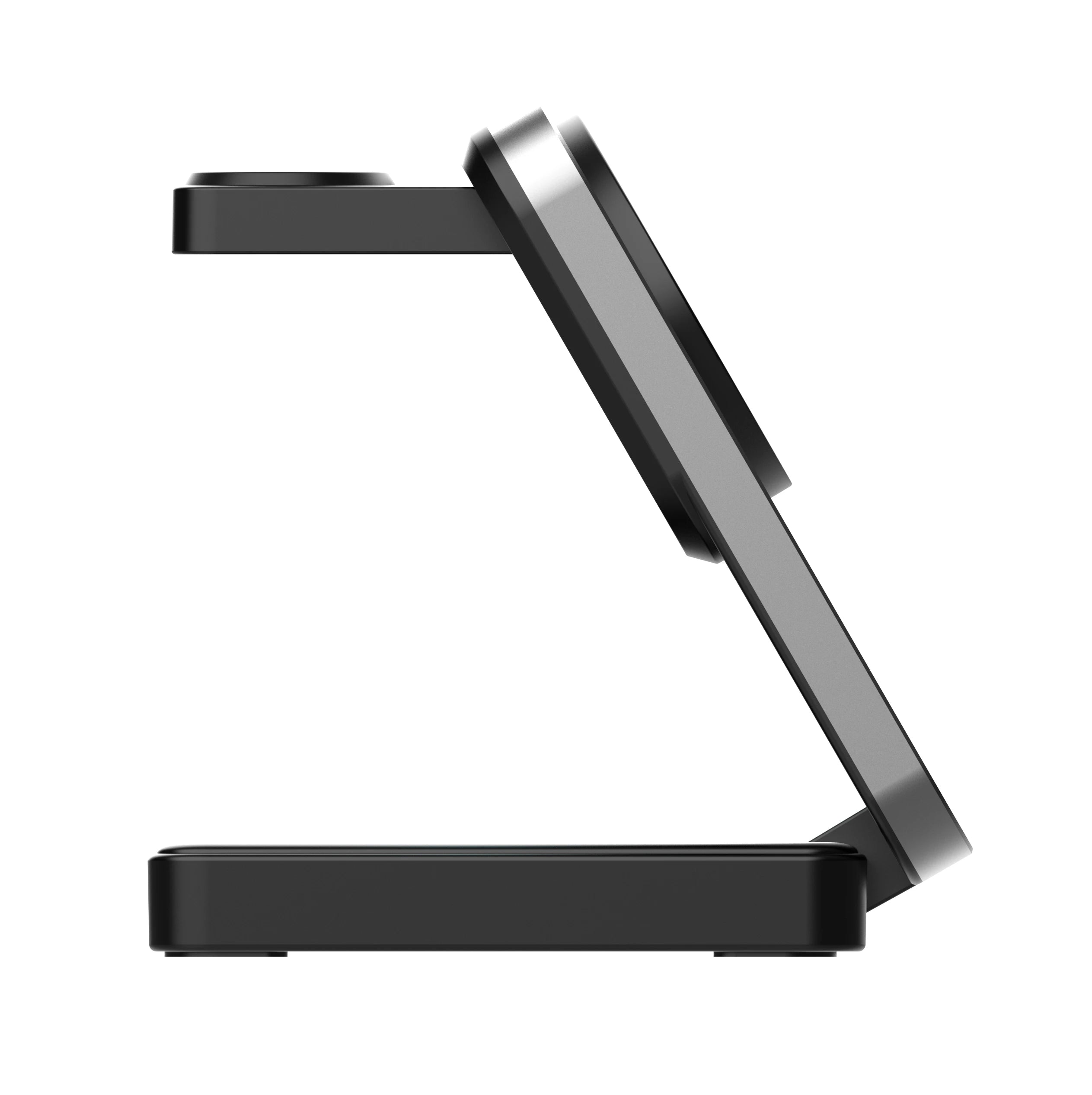 A black and silver wireless charging device, shown from a side profile on a solid white background.
