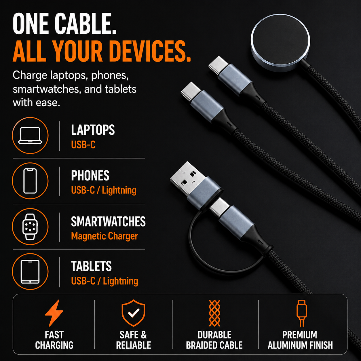 Aveli TriLink™ 100W Charging Cable + Watch Charger