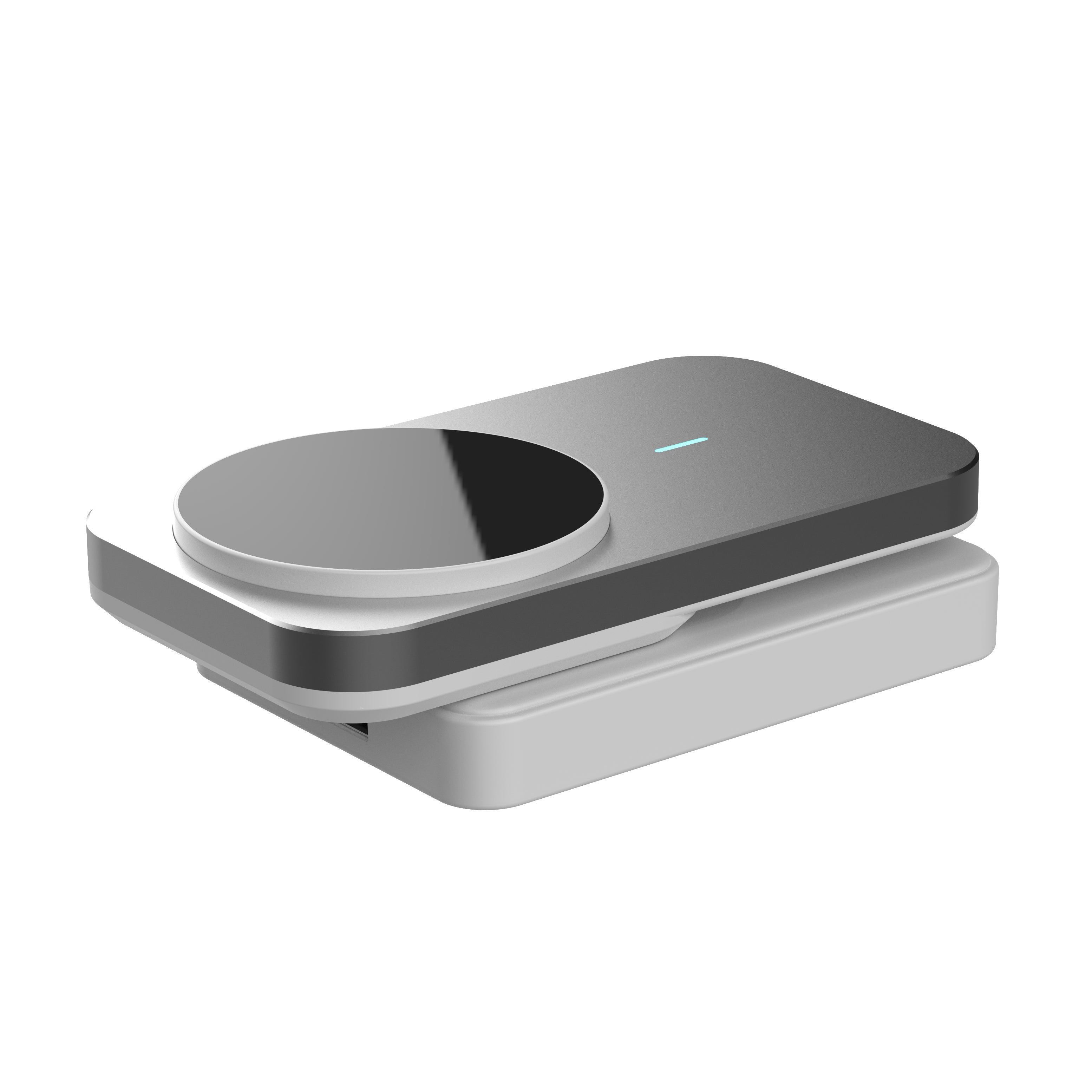 A modern wireless charging pad with a circular charging coil on top, featuring a dark gray top surface with a small blue indicator light, resting on a white base against a solid white background.