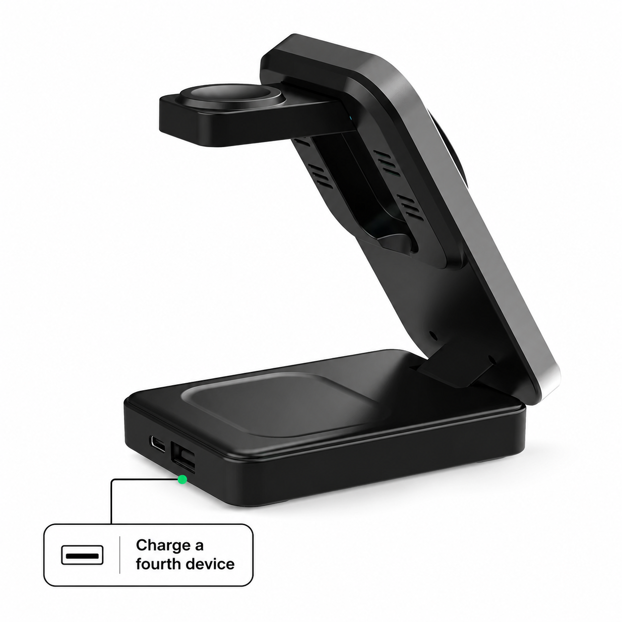 A black multi-device wireless charging stand with an adjustable arm, shown on a white background with a small explanatory graphic indicating it can charge a fourth device.