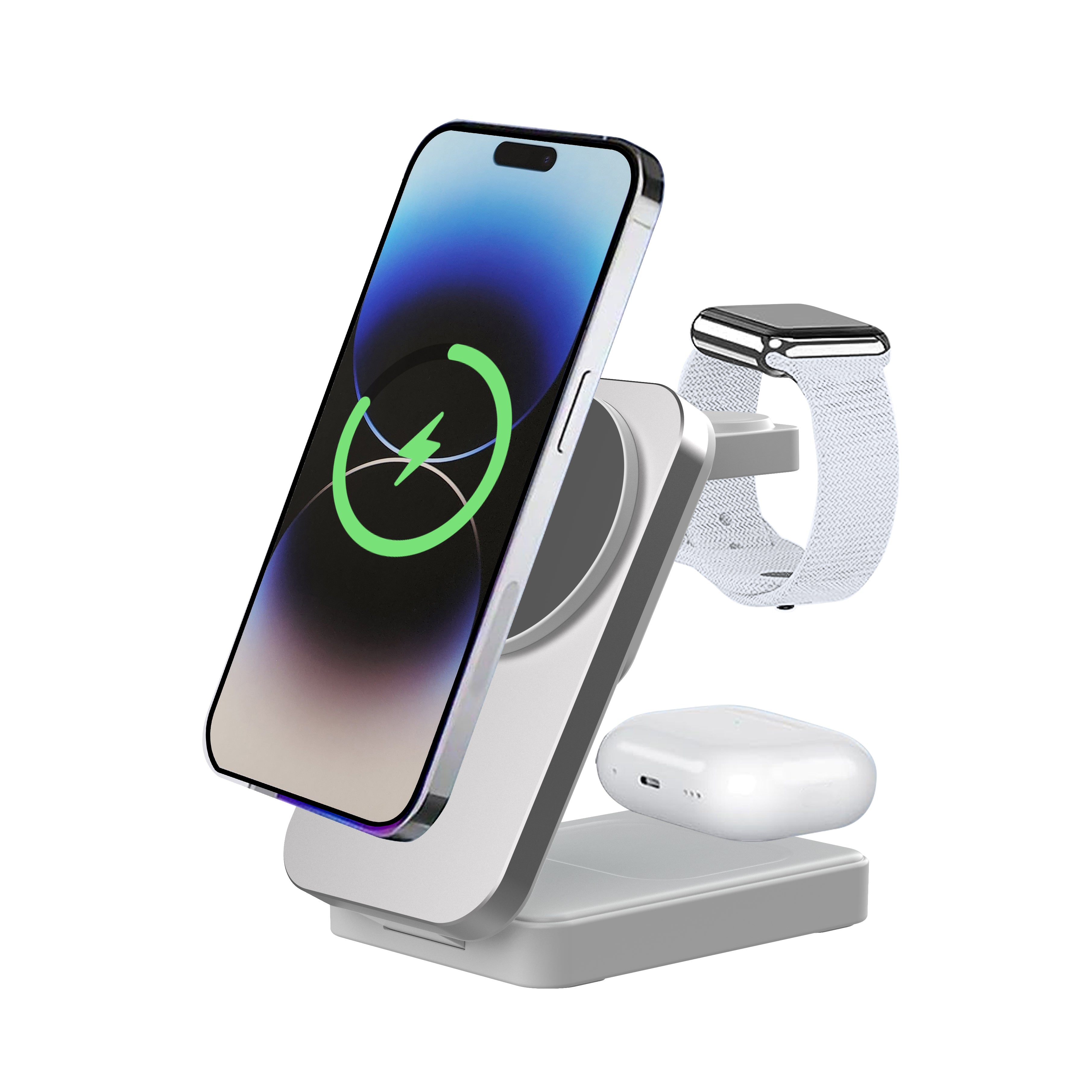 A silver wireless charging stand holding a smartphone, smartwatch, and white earbud charging case on a clean white background.