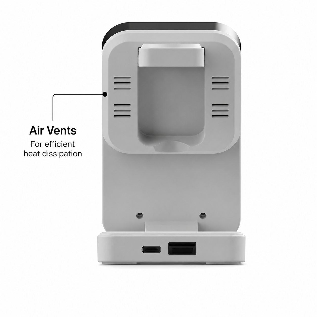 A light gray electronic device shown from the back, with a callout line pointing to side air vents and the text 'Air Vents For efficient heat dissipation.'.