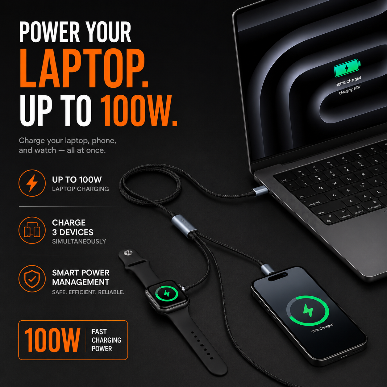 Aveli TriLink™ 100W Charging Cable + Watch Charger